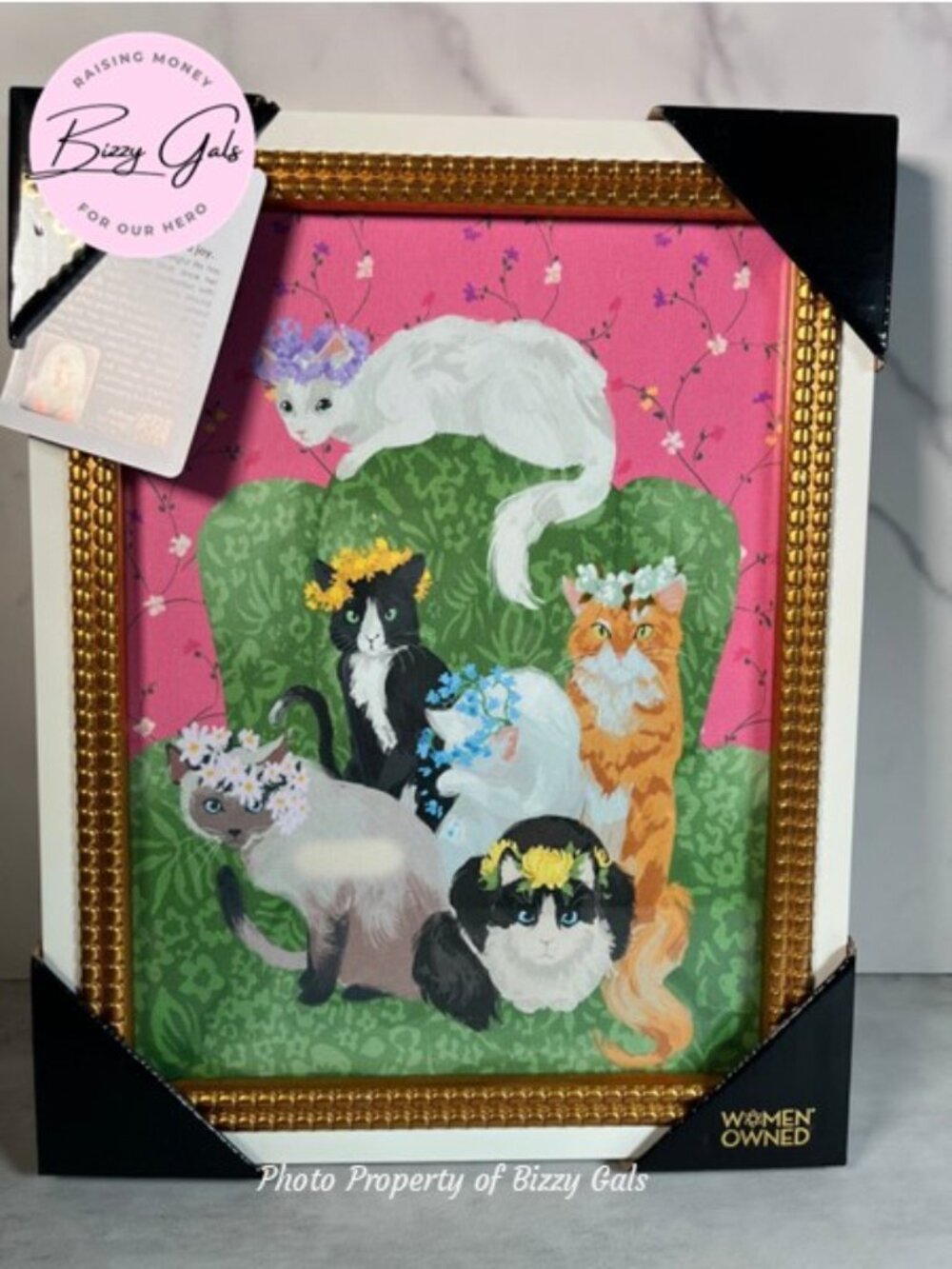 Sapna Shah Cats with Flowered Crowns On Chair Framed Art